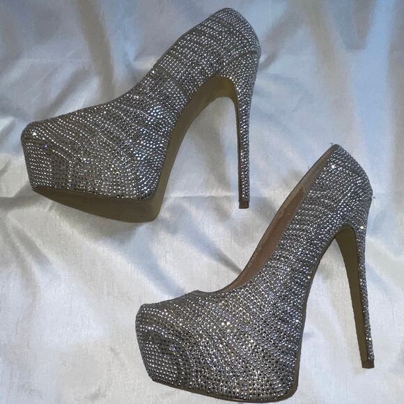 STEVE‎ MADDEN Dyvinal Platform Rhinestone Silver Jeweled Heels - Size 10 - Picture 6 of 15